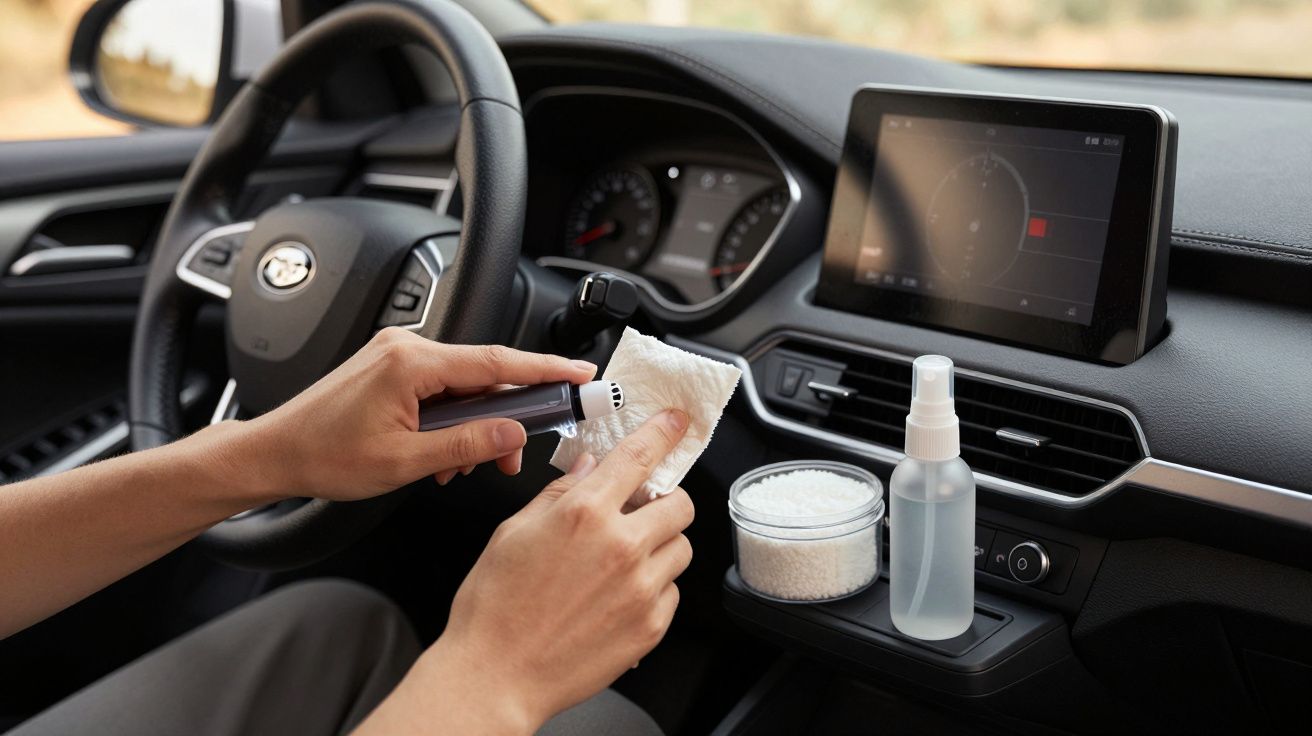 Pessoa a limpar a saída de ar de um carro com um pano e spray, com tablier e volante visíveis.