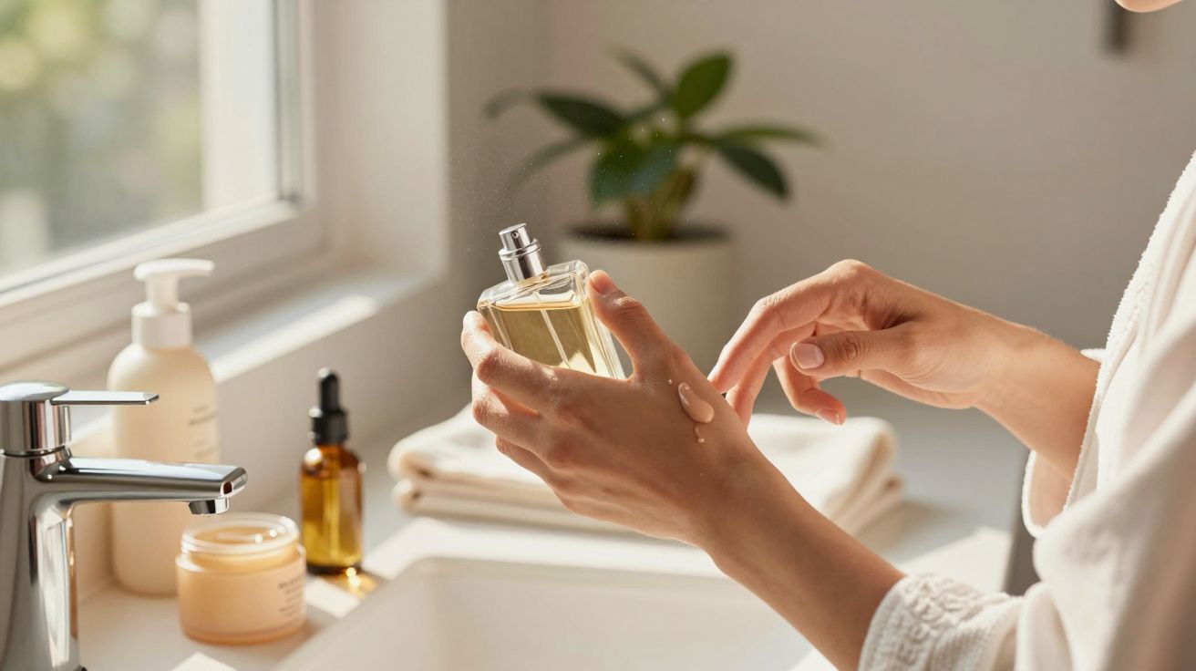 Pessoa aplicando loção na mão, em frente a uma pia com produtos de cuidado pessoal.