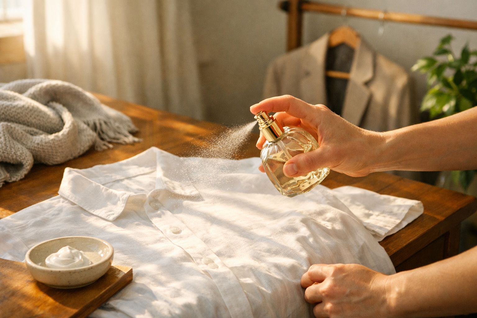 Mão borrifa perfume numa camisa branca sobre mesa de madeira, com frascos e roupa dobrada ao fundo.