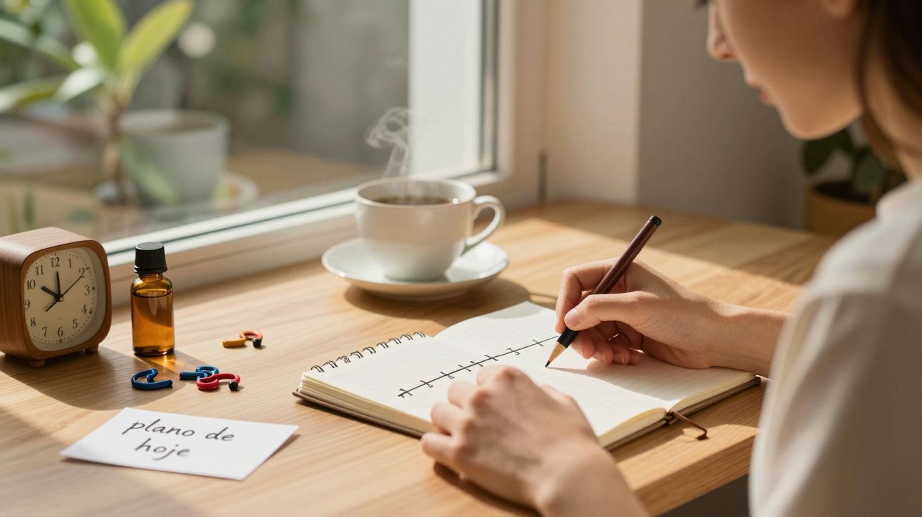 Pessoa escreve em caderno sob janela ensolarada, com chávena de café e relógio ao lado. Nota diz "plano de hoje".