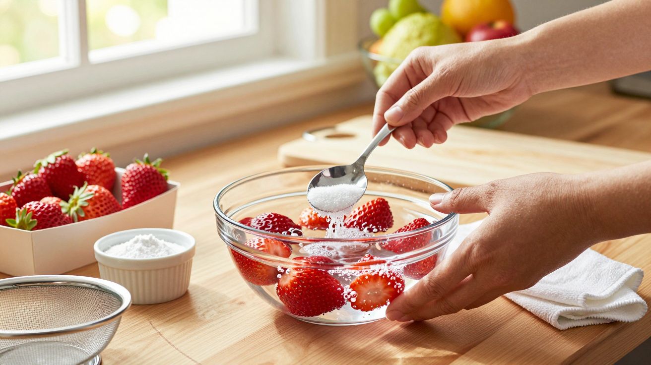 Mãos adicionam açúcar a morangos numa taça de vidro na cozinha, com ingredientes ao fundo.