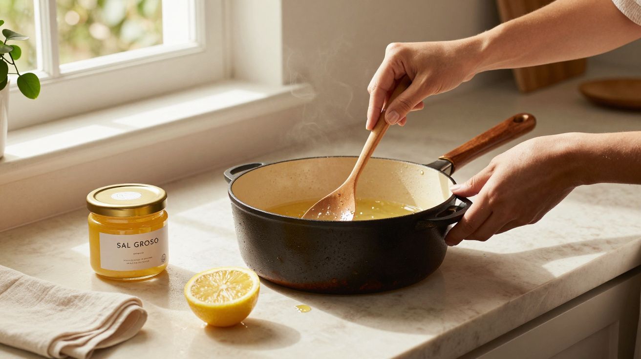 Pessoa a mexer molho num tacho preto com colher de pau; limão e pote de sal grosso ao lado.