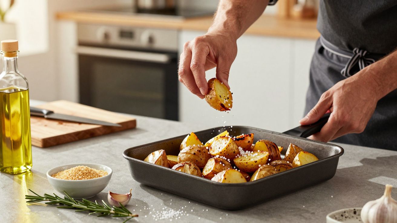 Pessoa tempera batatas assadas com sal na cozinha, ao lado de azeite, alecrim e alho.