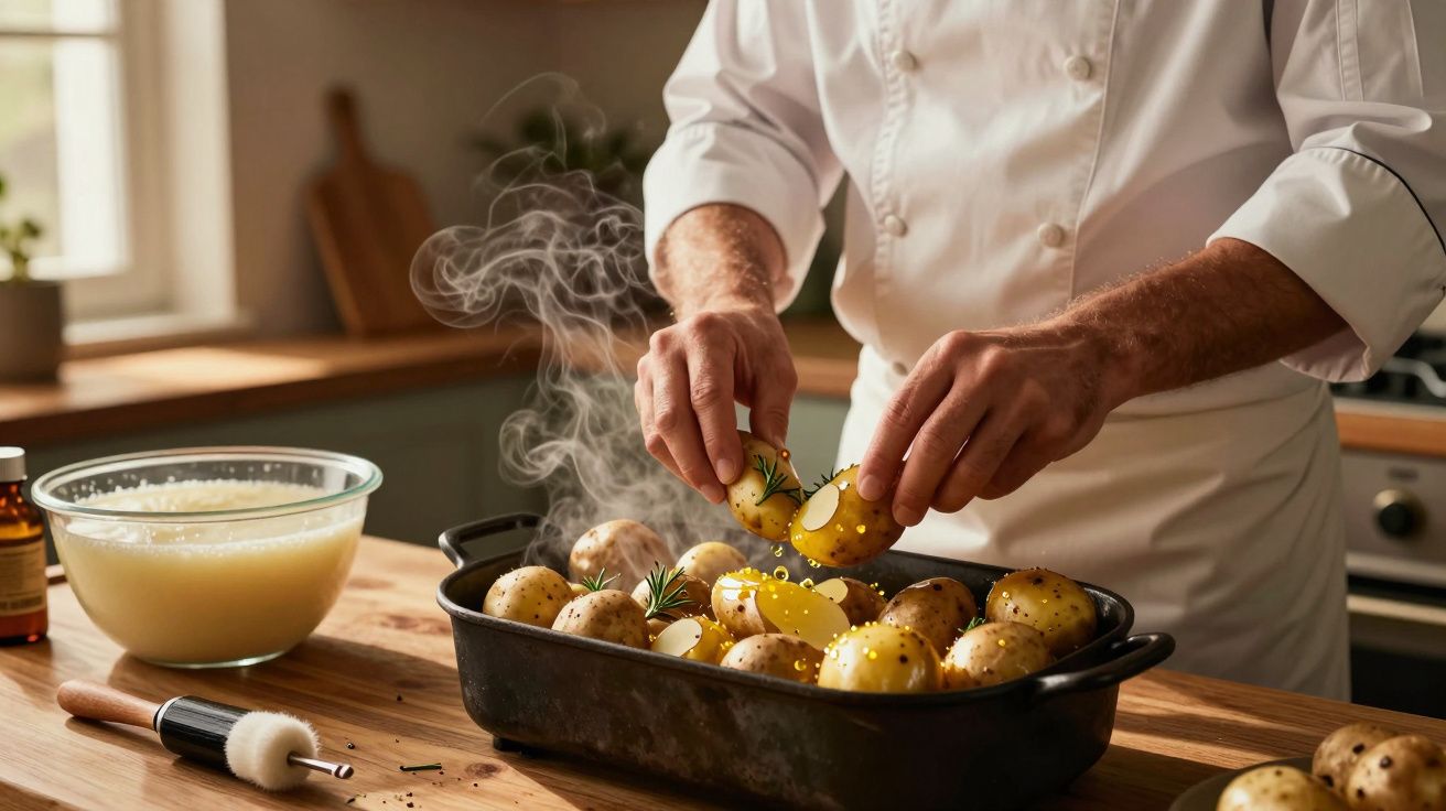 Chef a temperar batatas assadas com alecrim numa cozinha iluminada, massa à mesa.