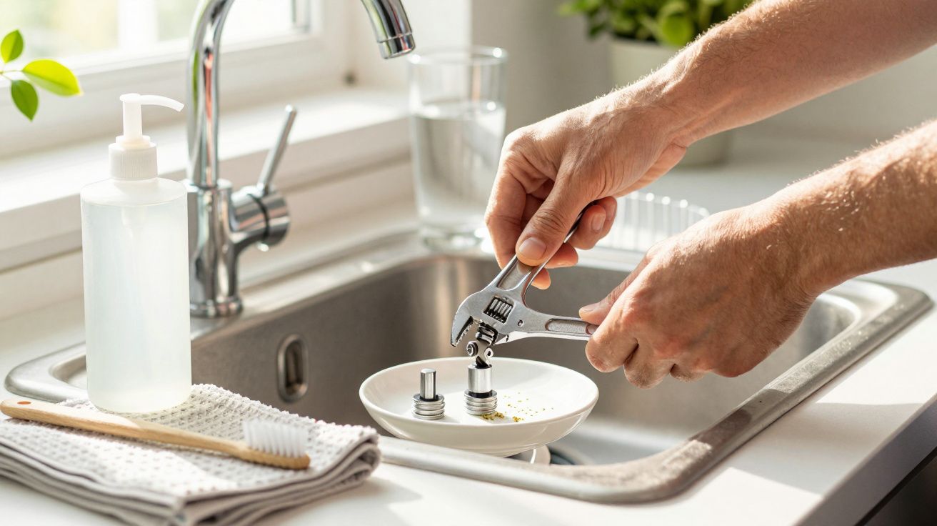 Mãos a usar chave inglesa para reparar torneira de cozinha, com produtos de limpeza ao fundo.