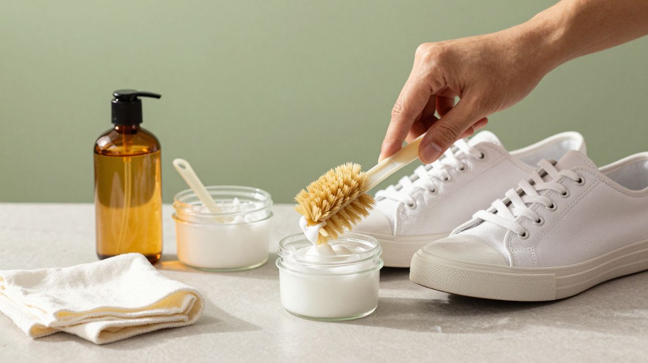 Mãos limpando ténis brancos com escova, creme de limpeza, toalha e frasco num fundo verde.
