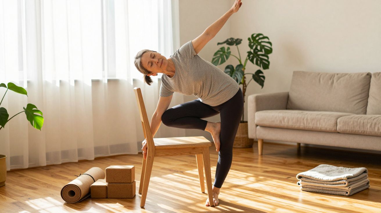 Mulher a fazer exercício de alongamento com cadeira numa sala iluminada, tapete de yoga e plantas ao fundo.