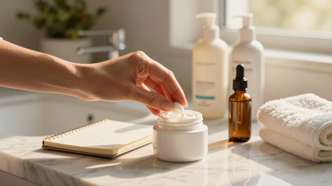 Mão feminina pegando creme de um pote no banheiro; ao lado, caderno, toalhas e frascos sobre a bancada.