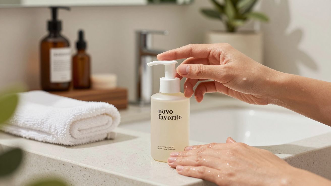 Mãos seguram dispensador de sabonete líquido "novo favorito" numa casa de banho elegante com toalha e plantas.