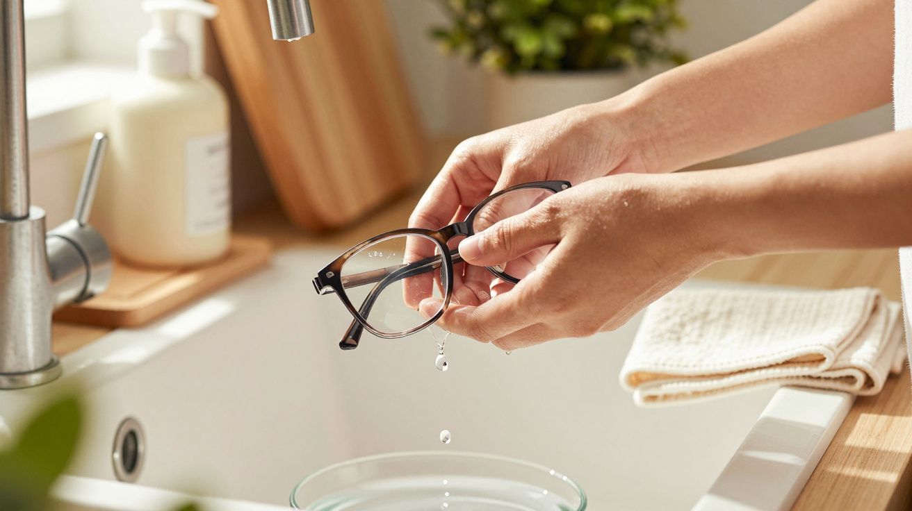 Mãos a lavar óculos em água corrente sobre uma pia, com toalha e sabão ao fundo.