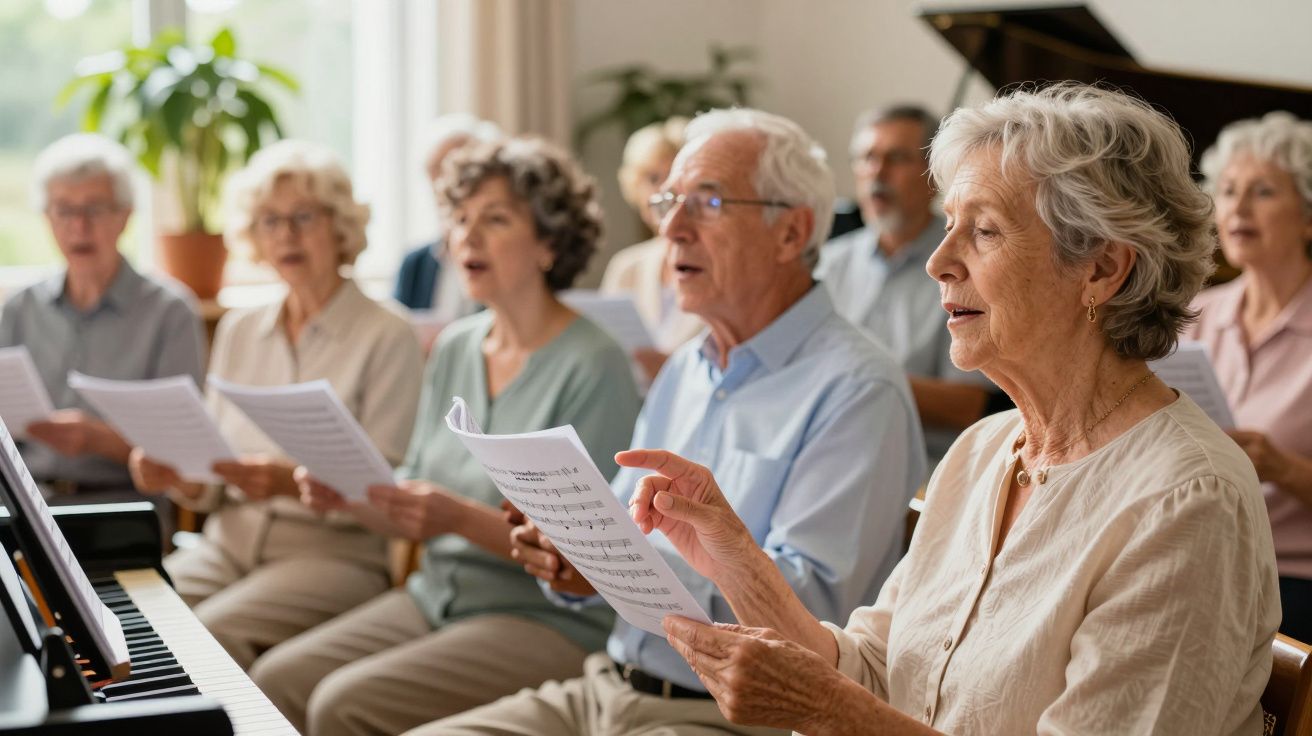 Grupo de idosos a cantar num coro, segurando partituras, com um piano e plantas ao fundo.