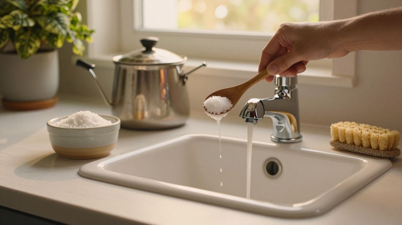 Mão segura colher de madeira com sal sobre lava-loiça, ao lado de panela e planta.