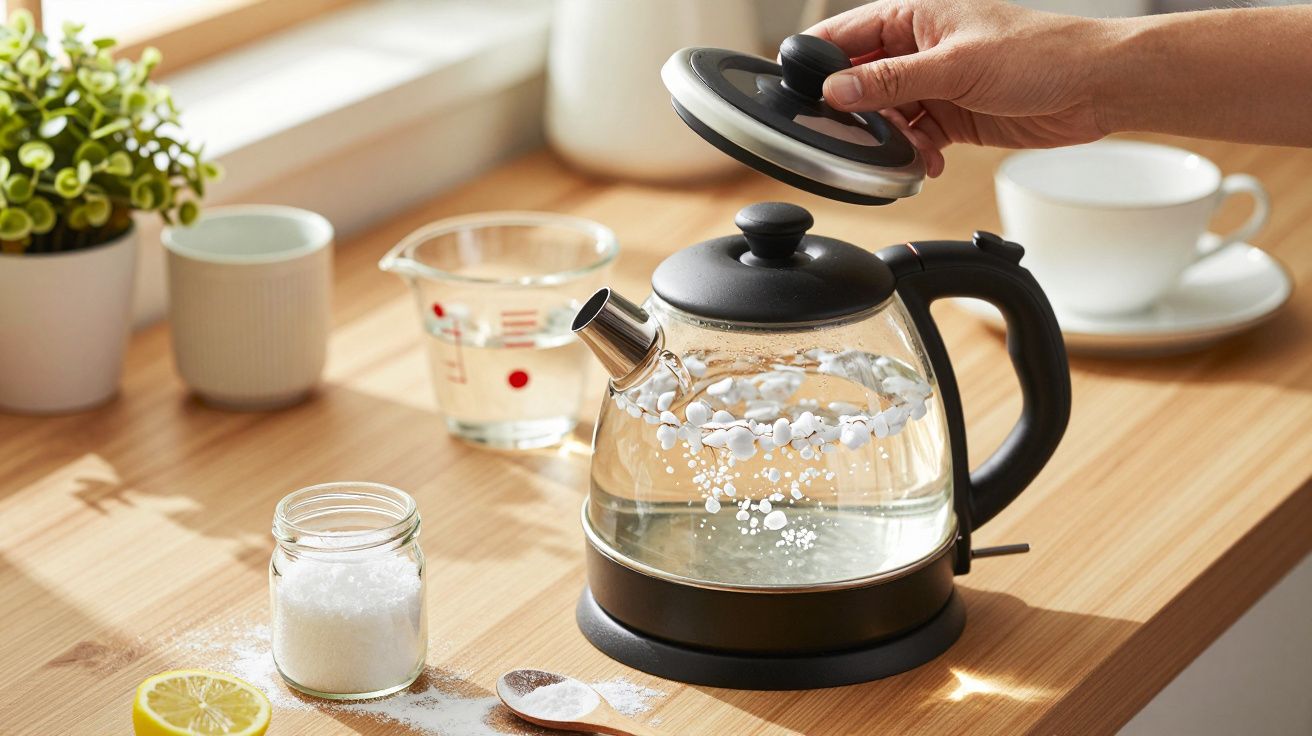 Mão levantando tampa de chaleira elétrica de vidro sobre mesa com ingredientes e chávena ao fundo.