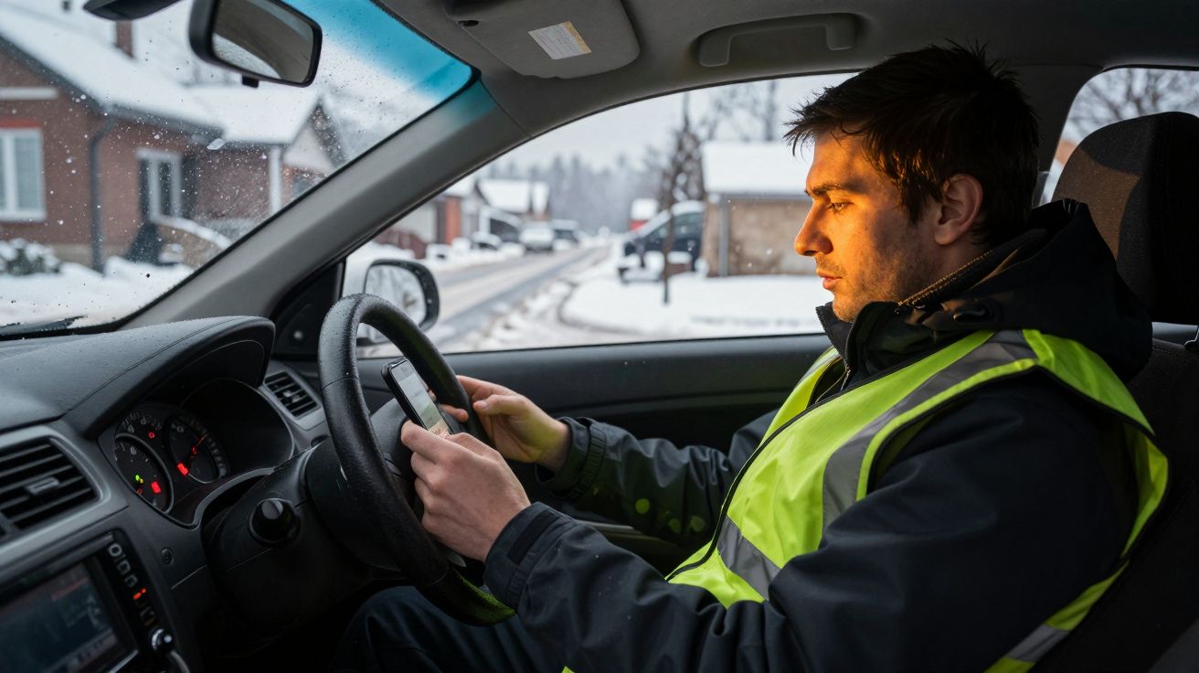 Homem com colete refletor dirige carro numa rua coberta de neve, olhando para o telemóvel.