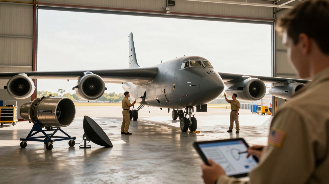 Pessoas em hangar a realizar manutenção em avião militar cinzento, uma pessoa segura tablet em primeiro plano.
