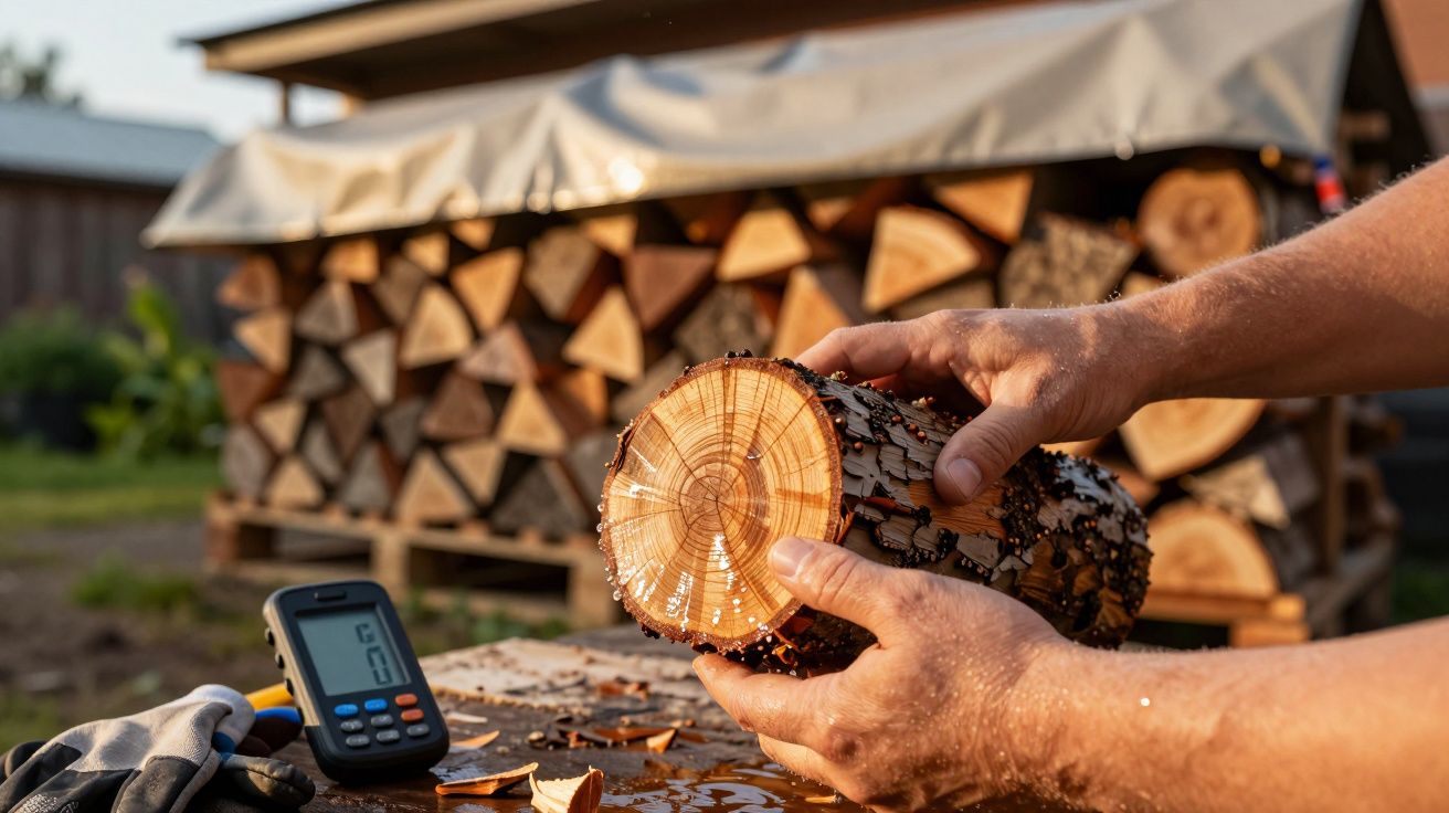 Mãos segurando tronco de madeira cortado, com pilha de madeira ao fundo e um medidor digital ao lado.