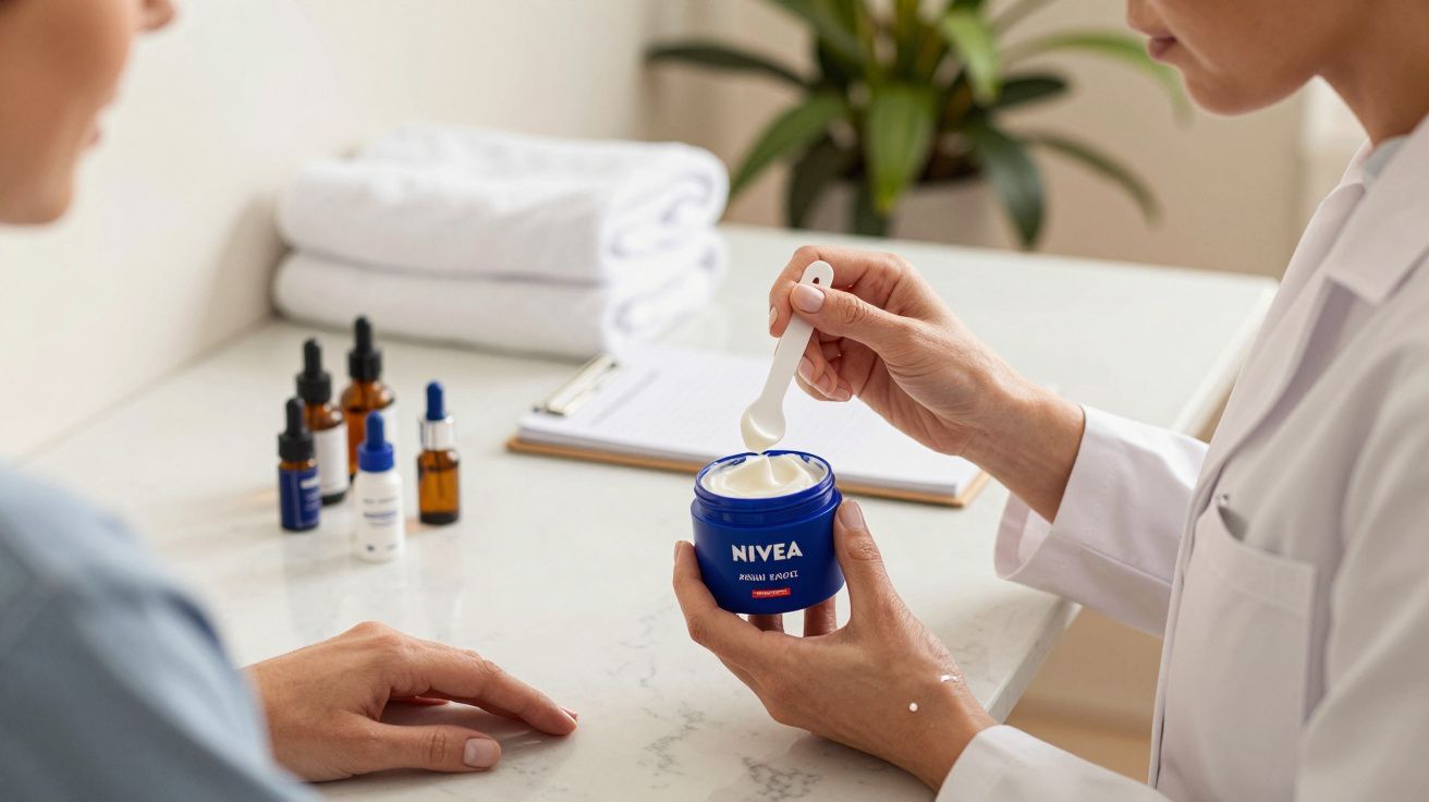 Dois profissionais no consultório, um segura um creme Nivea enquanto o outro observa. Frascos e toalhas ao fundo.