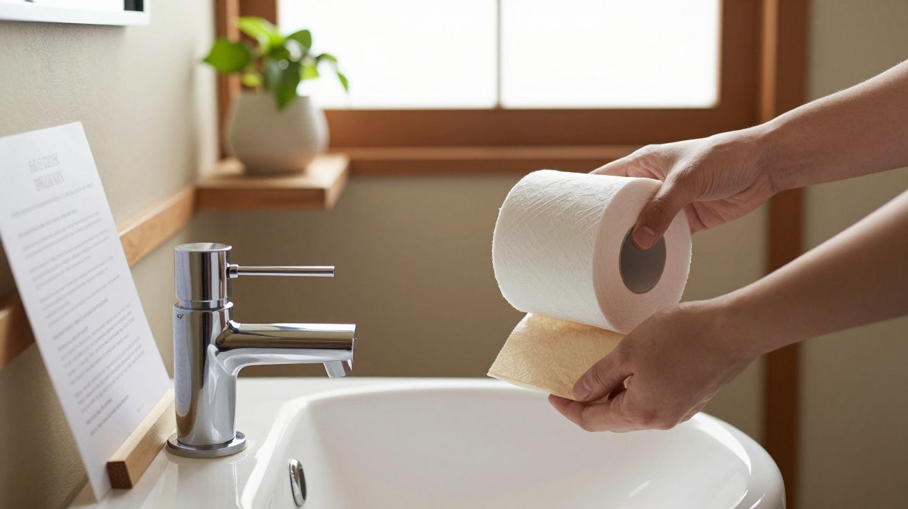 Mãos segurando rolo de papel higiénico sobre lavatório branco, com torneira cromada e planta ao fundo.