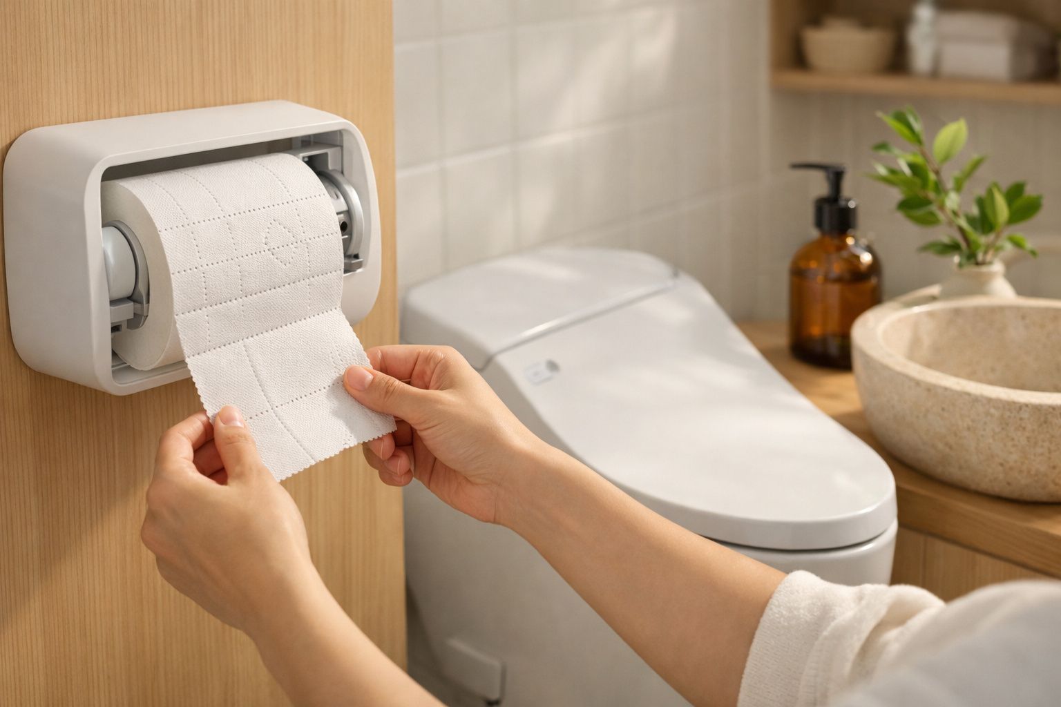 Mão a puxar papel higiénico num suporte num balcão de casa de banho com um lavatório, planta e rolos suplentes.