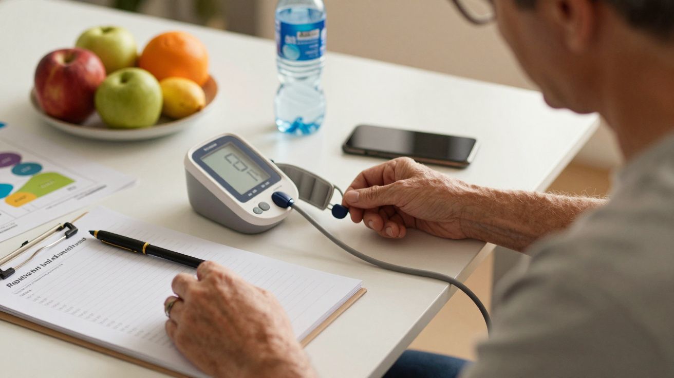 Homem medindo a pressão arterial em casa, com frutas, água e caderno na mesa.