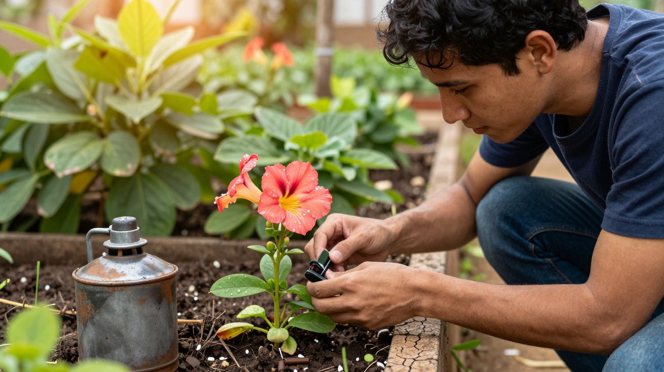 Homem a observar uma flor vermelha num jardim, segurando um pequeno dispositivo. Há uma lanterna antiga ao lado.