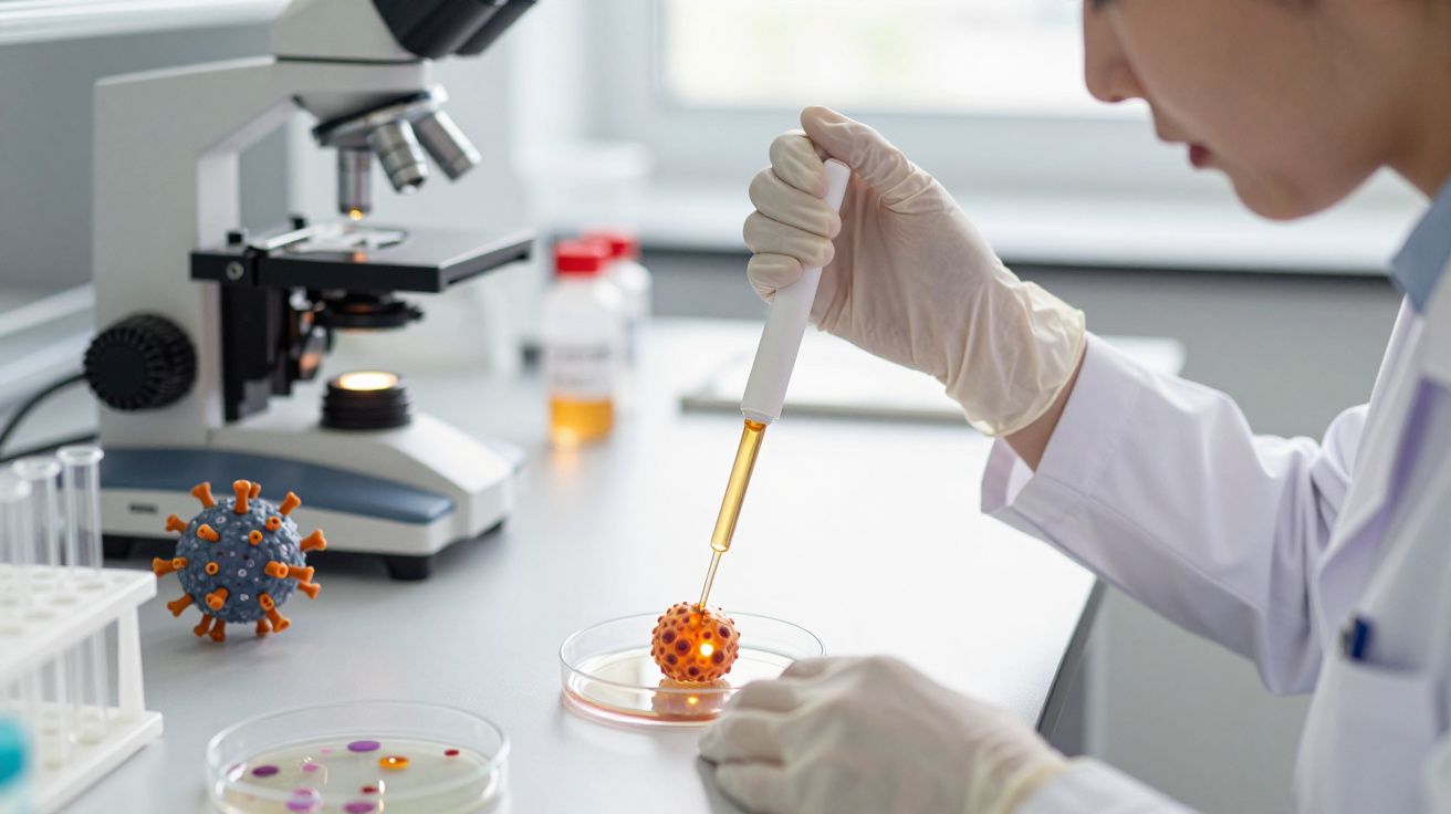 Cientista analisa amostra num laboratório com microscópio e modelo de vírus em fundo desfocado.