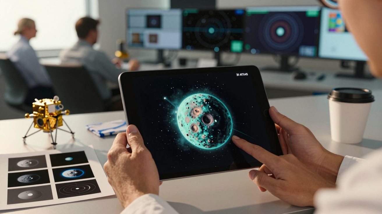 Pessoa analisa imagem de planeta em tablet num escritório moderno com monitores e um modelo de satélite na mesa.