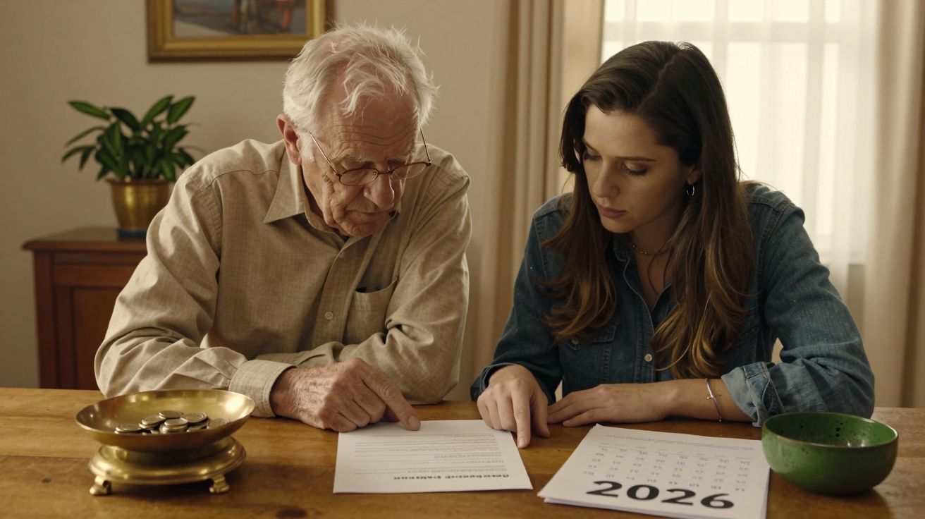 Idoso e jovem discutem papéis e calendário de 2026 numa mesa de madeira, com uma planta e taça ao fundo.