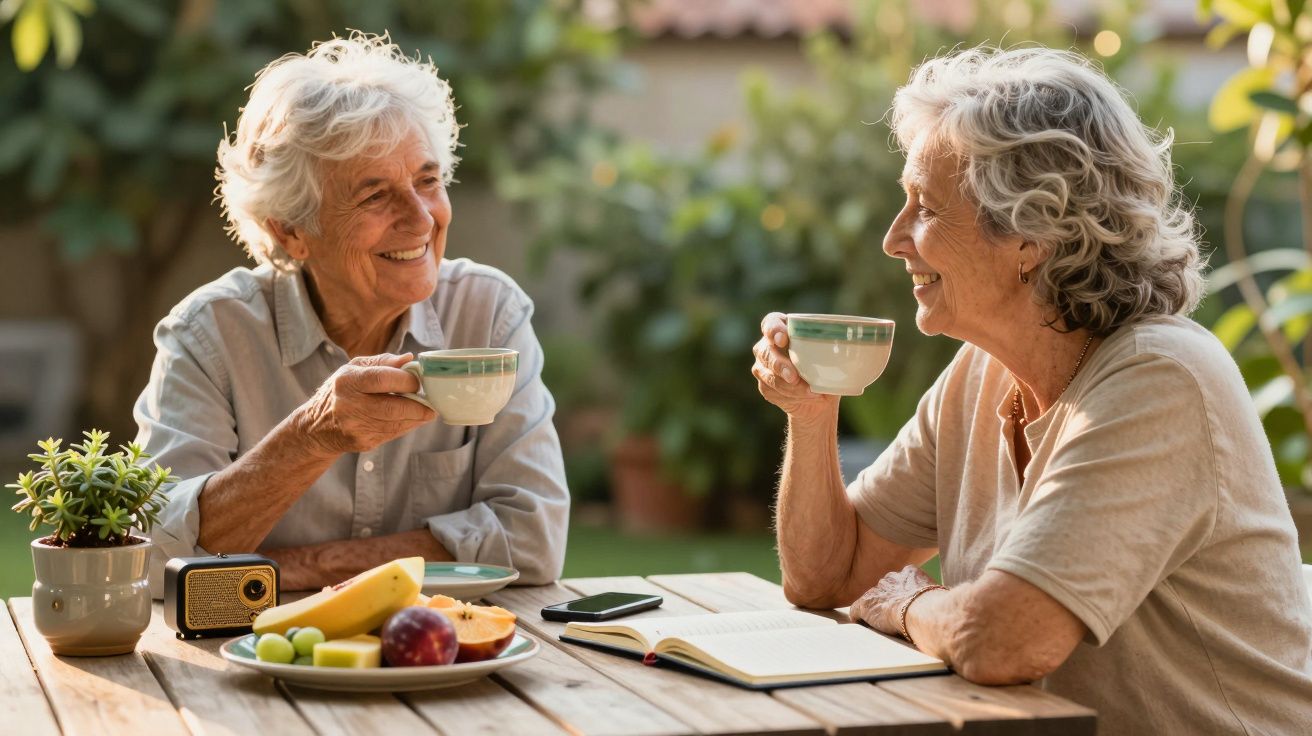 Duas idosas sorridentes bebem chá num jardim, sentadas numa mesa com frutas e um bloco de notas.