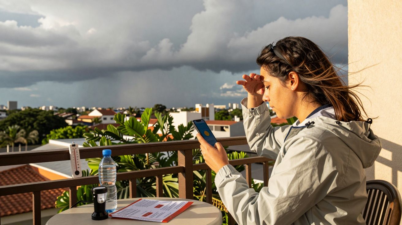 Mulher em varanda observa telemóvel em dia ventoso, com céu nublado ao fundo. Mesa com garrafa de água e brochura.