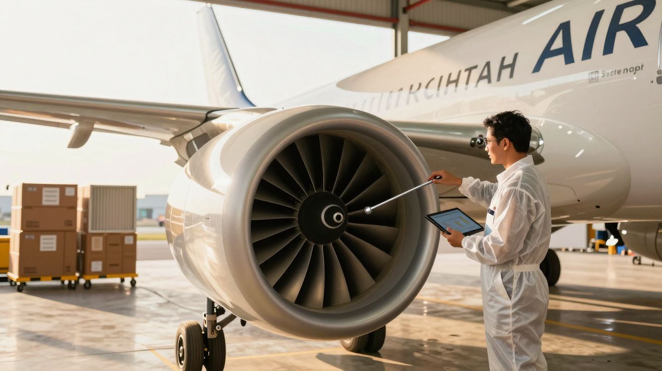 Técnico em hangar inspeciona turbina de avião com tablet e ferramenta.