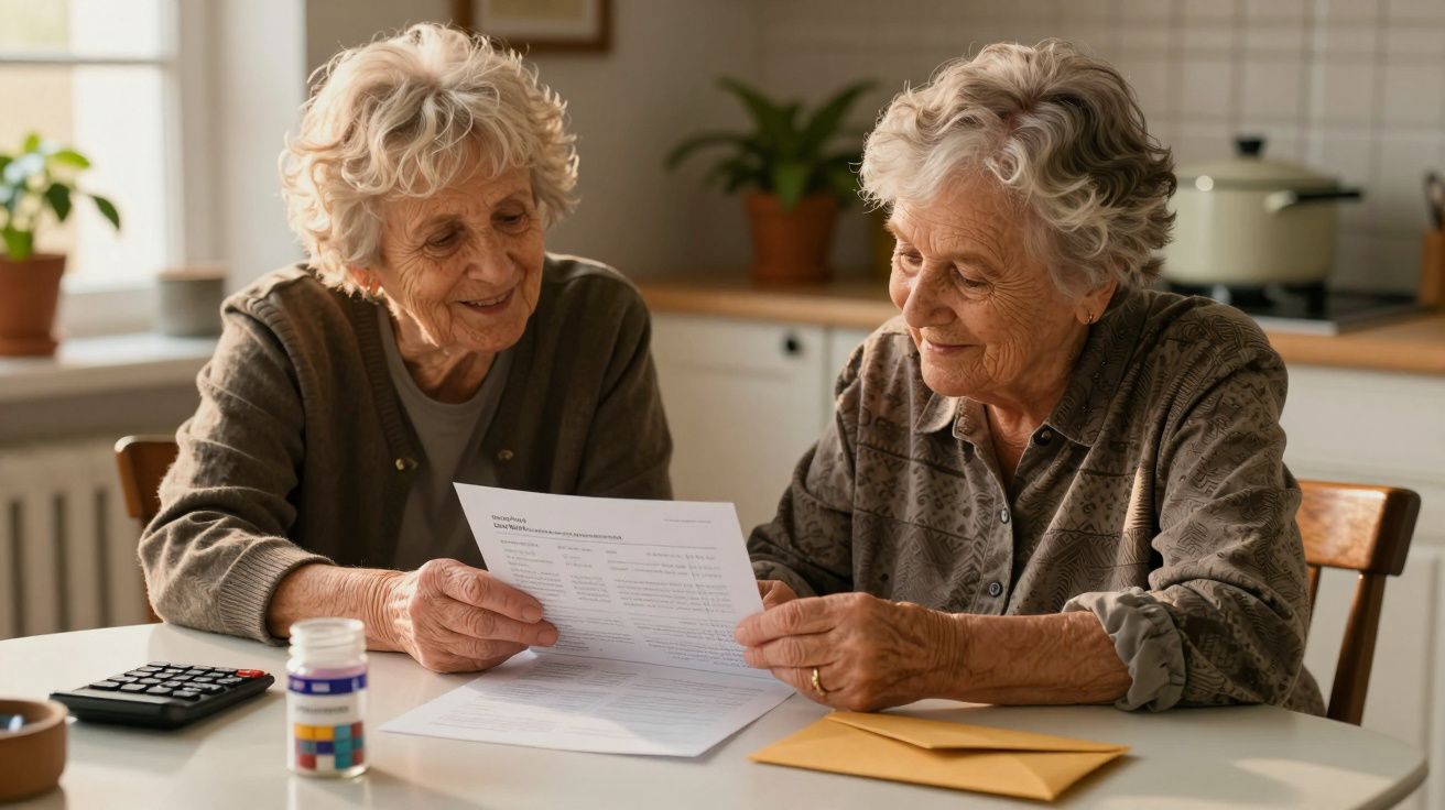 Duas idosas sentadas à mesa a ler um documento numa cozinha, com uma calculadora e frascos de comprimidos ao lado.