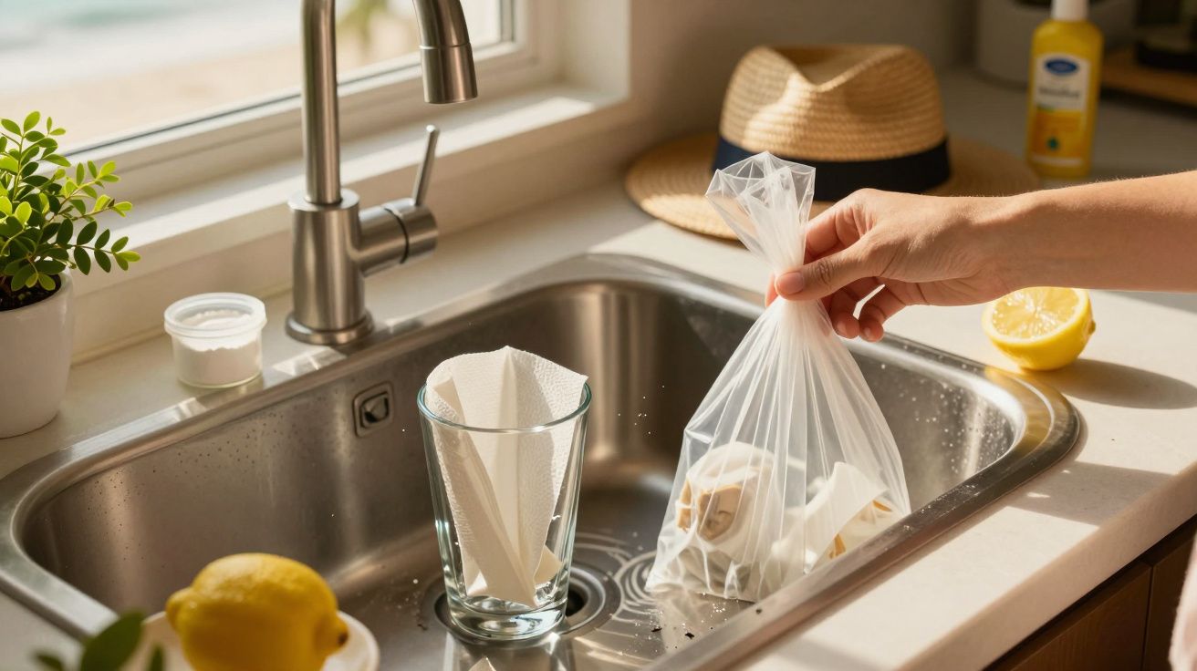 Mão descartando saco com resíduos na pia da cozinha, com limão e chapéu ao fundo.