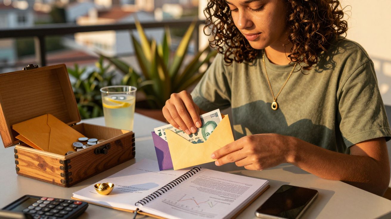 Mulher sentada à mesa com envelopes, moedas, calculadora e caderno, organizando notas de dinheiro ao ar livre.