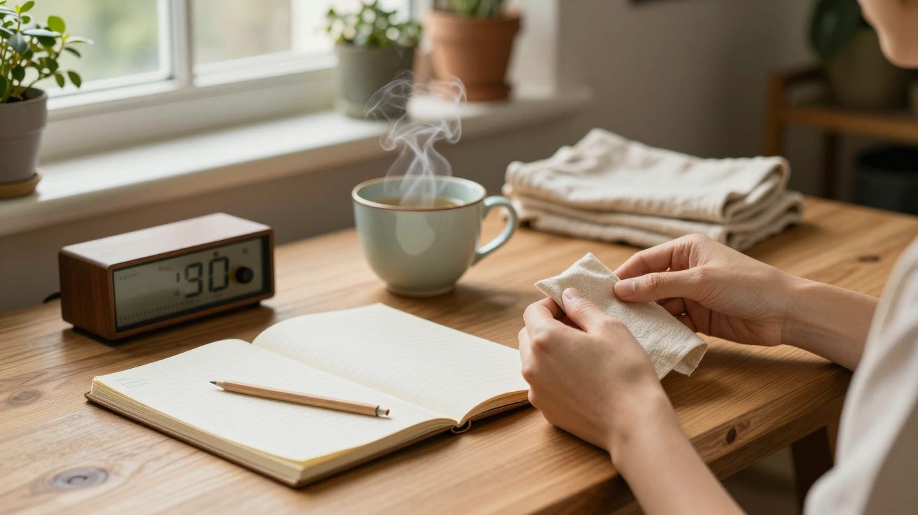 Mesa de madeira com caderno aberto, caneca de café fumegante, relógio e mãos segurando um pano.