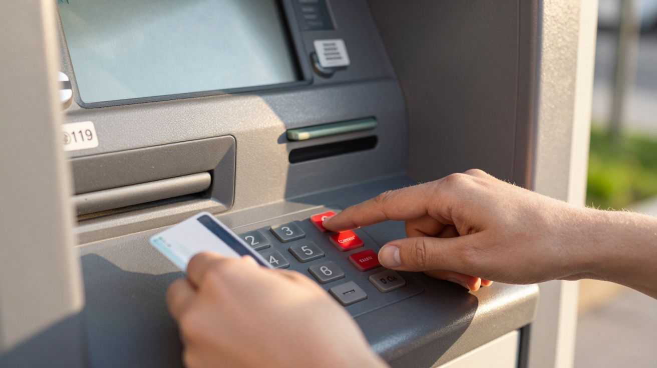 Pessoa a inserir PIN num multibanco com um cartão na mão.