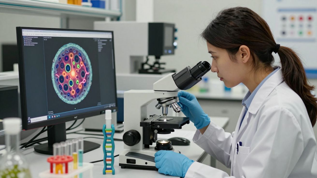 Investigadora em laboratório observa amostra em microscópio, com imagem ampliada num monitor ao lado.