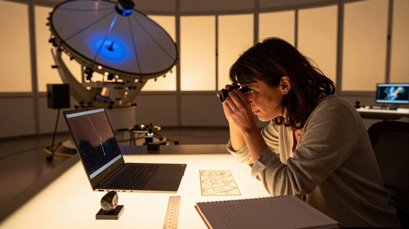 Mulher analisa documentos e telescópio, com laptop exibindo constelações ao lado, numa sala observatória.