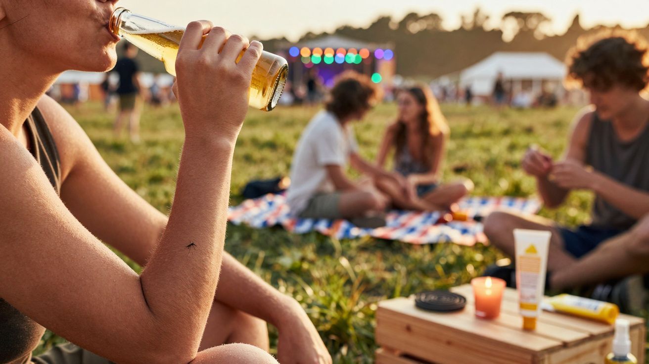 Pessoa a beber cerveja num piquenique ao ar livre com amigos sentados na relva, festividade ao fundo.