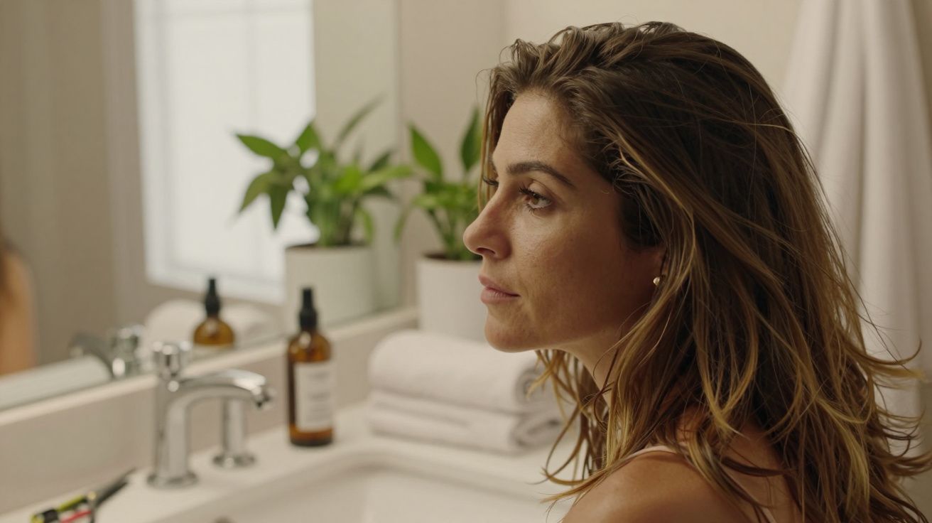 Mulher pensativa no banheiro, olhando no espelho, com plantas e toalhas ao fundo.