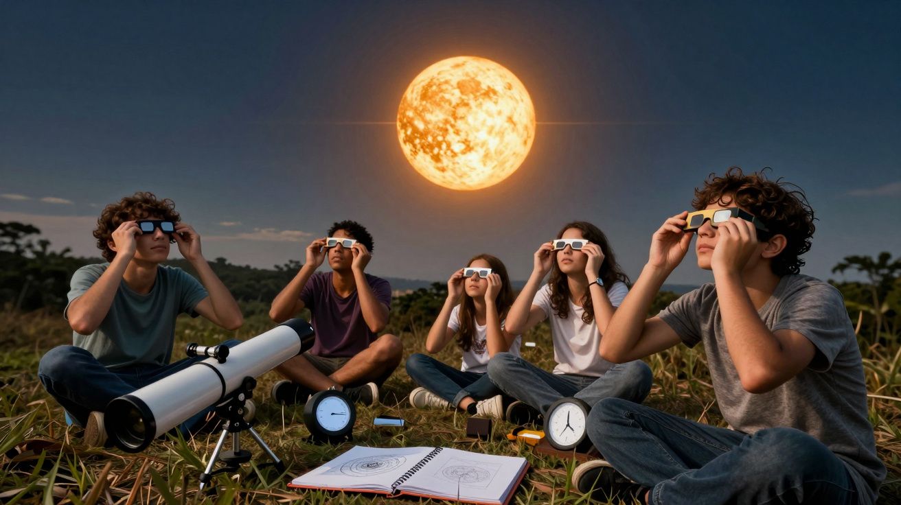 Grupo de jovens com óculos especiais observando o céu durante um eclipse solar, com telescópio no relvado.