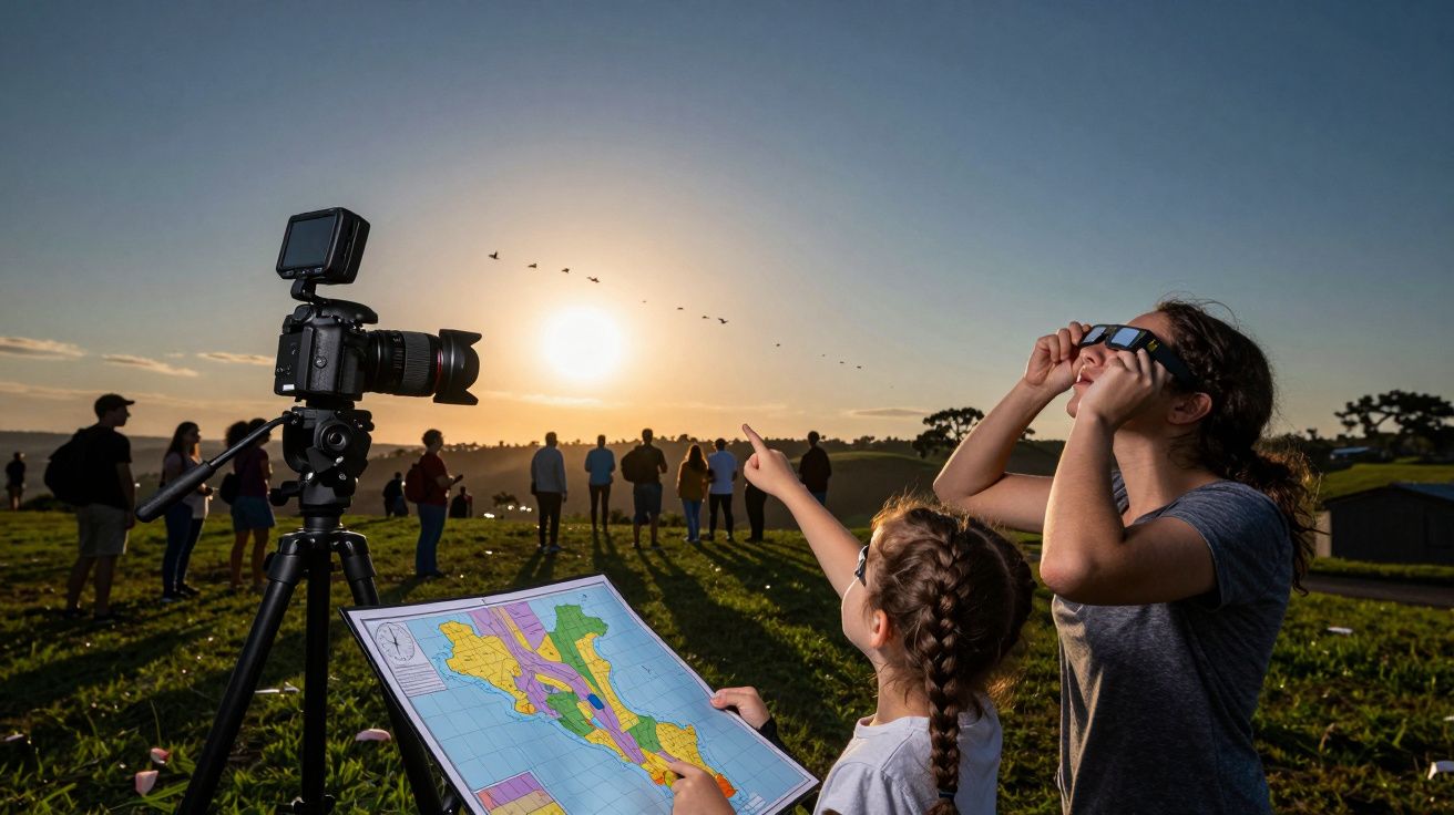 Crianças observam pássaros ao pôr do sol, uma segura mapa e outra uns binóculos, com câmara montada num tripé.