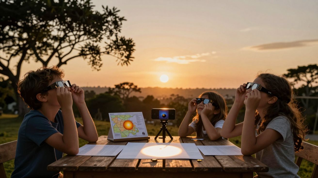 Três crianças observam o pôr do sol com óculos escuros em uma mesa de madeira ao ar livre, com material de estudo.