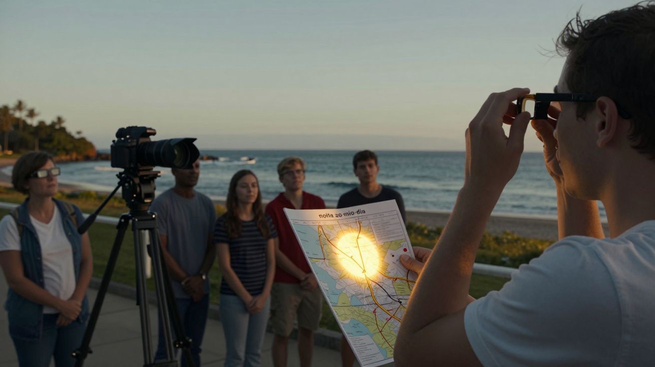 Grupo de jovens junto ao mar; uma pessoa projeta luz num mapa; câmara numa tripé; céu ao entardecer.