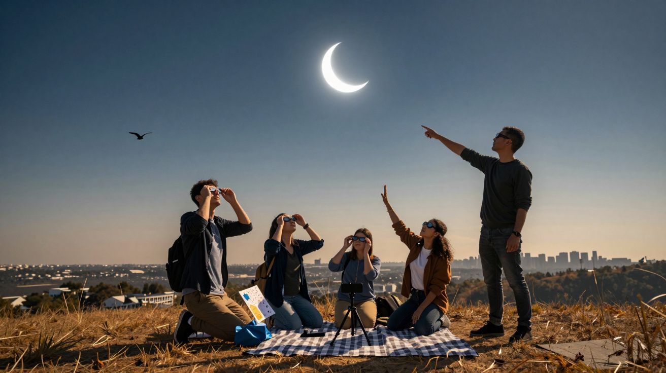 Grupo observa eclipse solar num campo, usando óculos de proteção. Céu claro, cidade ao fundo e ave a voar.
