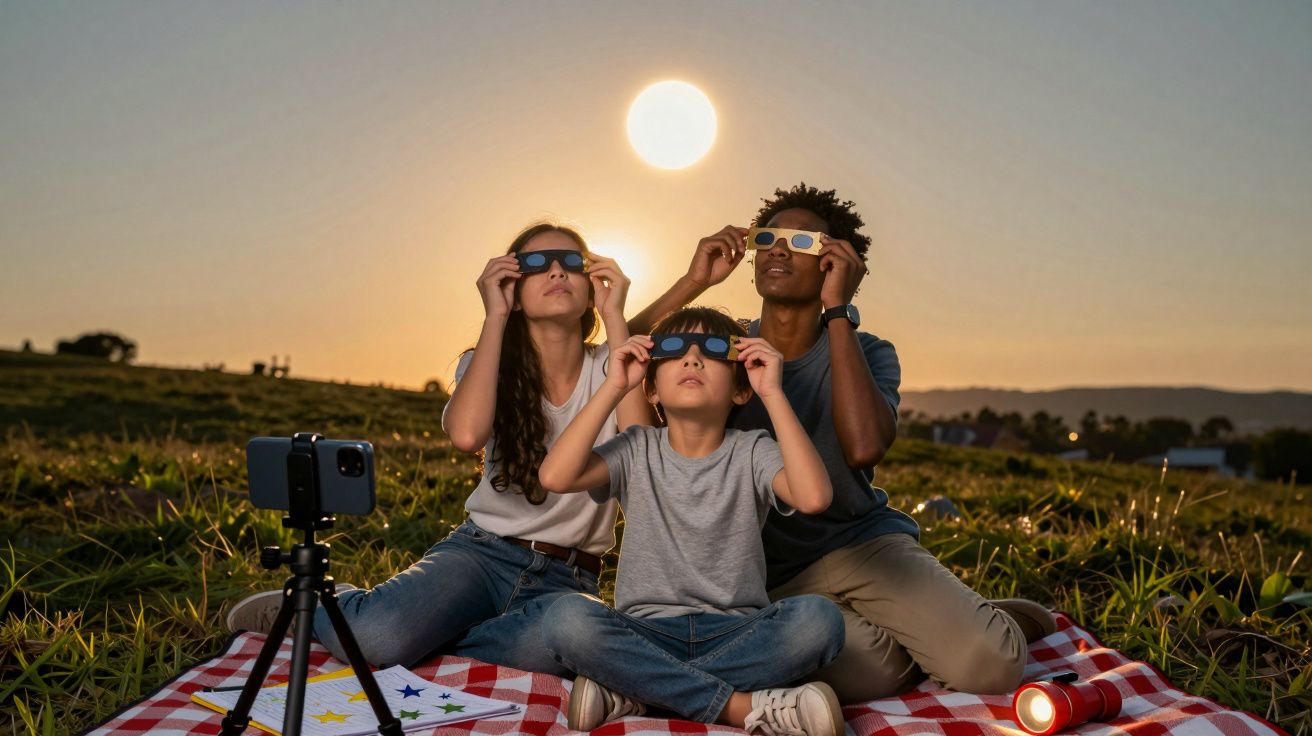 Três pessoas sentadas num campo veem o sol com óculos de proteção, durante um eclipse, ao entardecer.