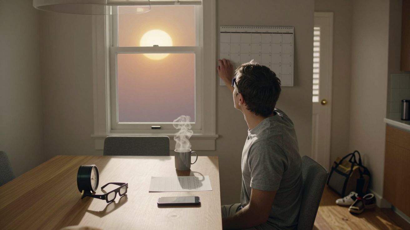 Homem sentado à mesa olha o pôr do sol pela janela, com chá fumegante e calendário na parede.