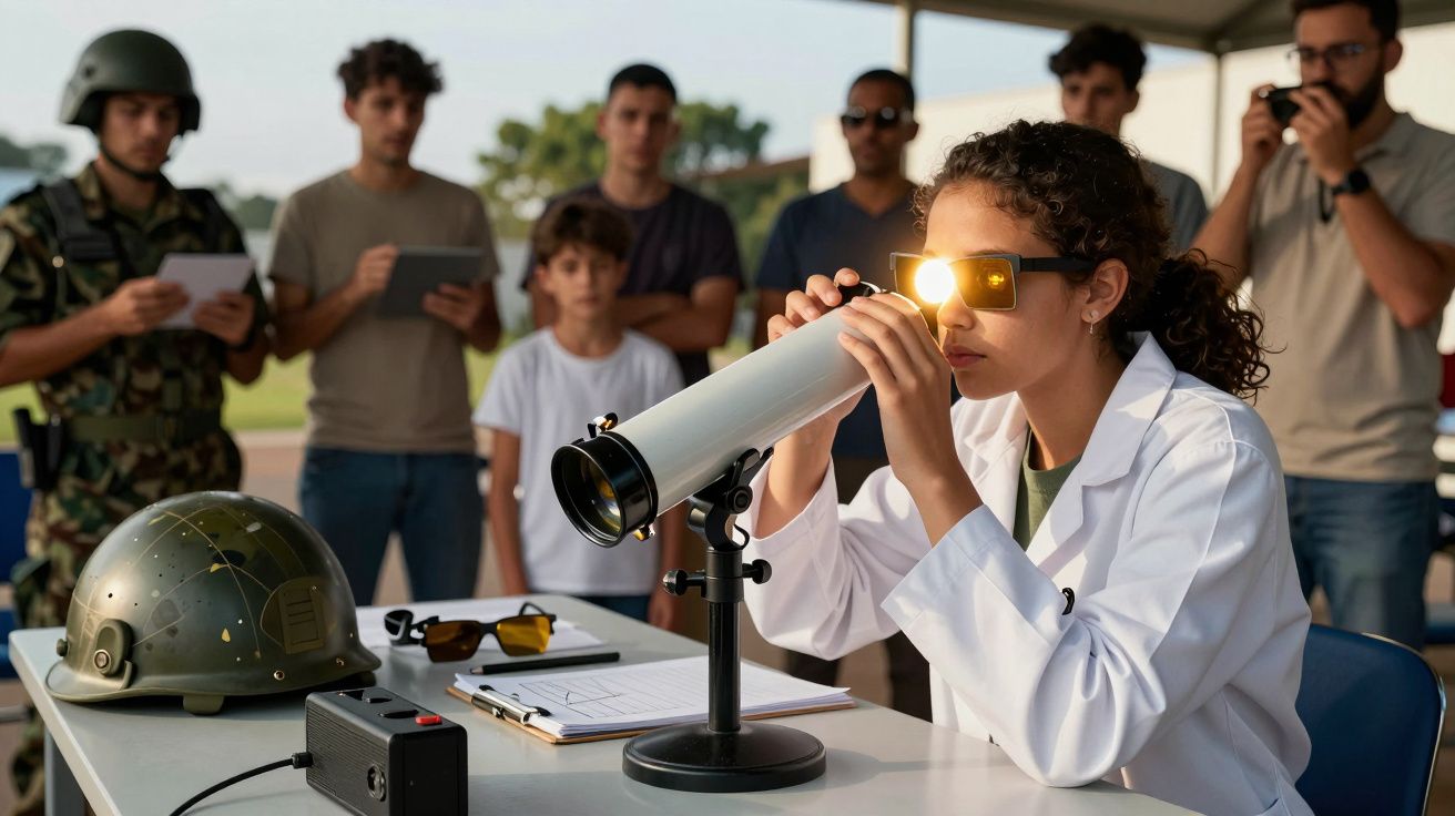 Mulher de avental branco usa telescópio solar, rodeada por grupo de pessoas, incluindo soldado com capacete.