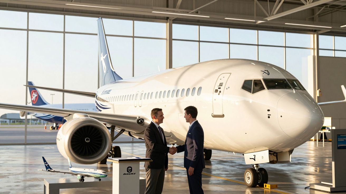 Dois homens apertam as mãos em frente a um avião branco num hangar iluminado.