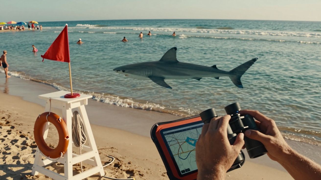 Bandeira vermelha na praia com tubarão no mar; pessoa observa com binóculos e tablet ao fundo.
